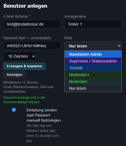 Roles when creating a user