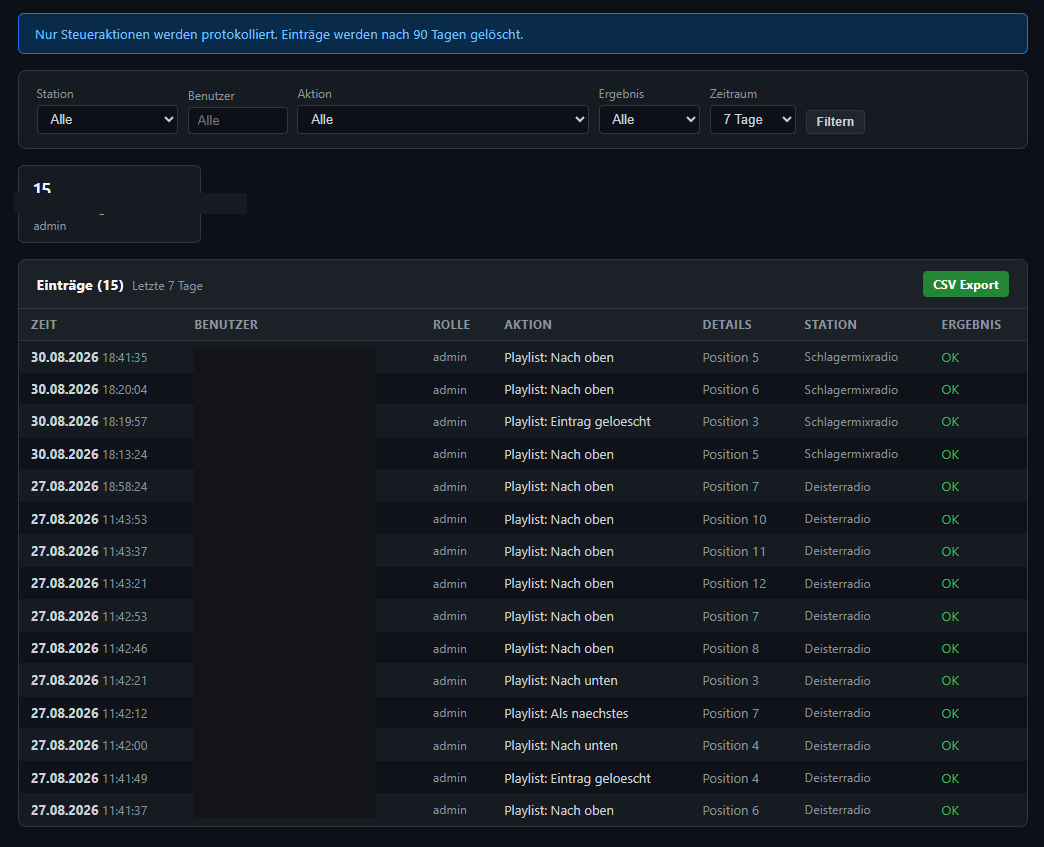 Activity log in OnAirPanel