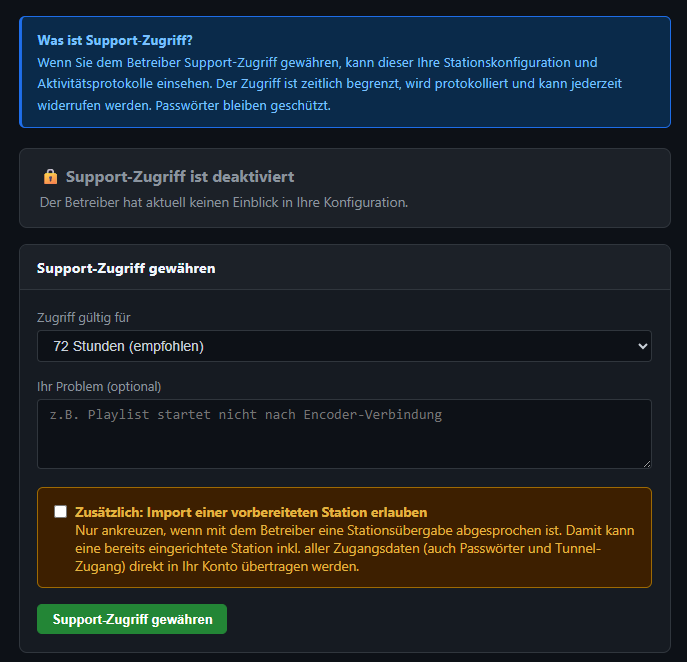 Grant support access for a set number of hours