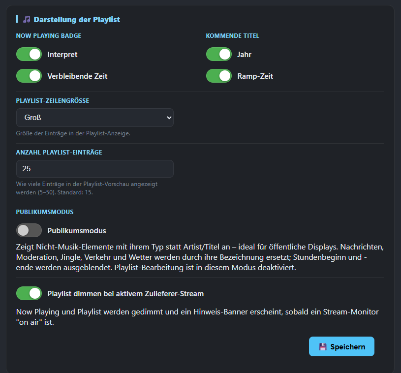 Darstellungsoptionen der Playlist