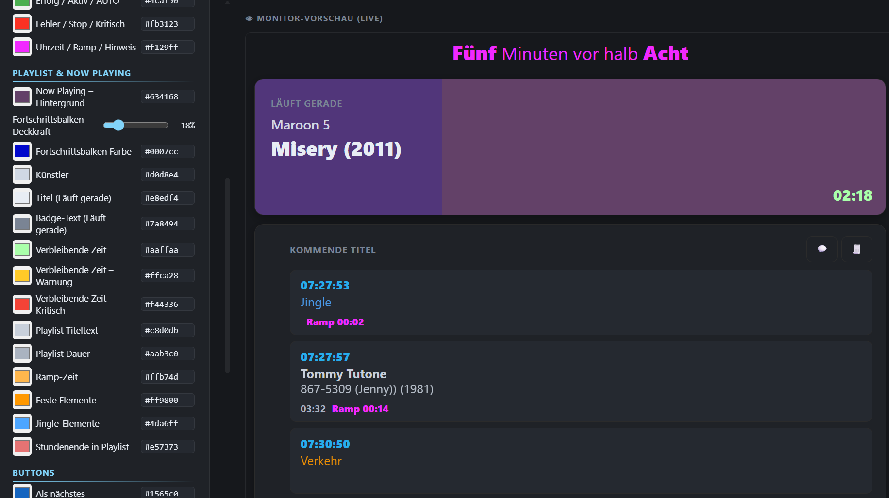 Color settings with live preview in the monitor