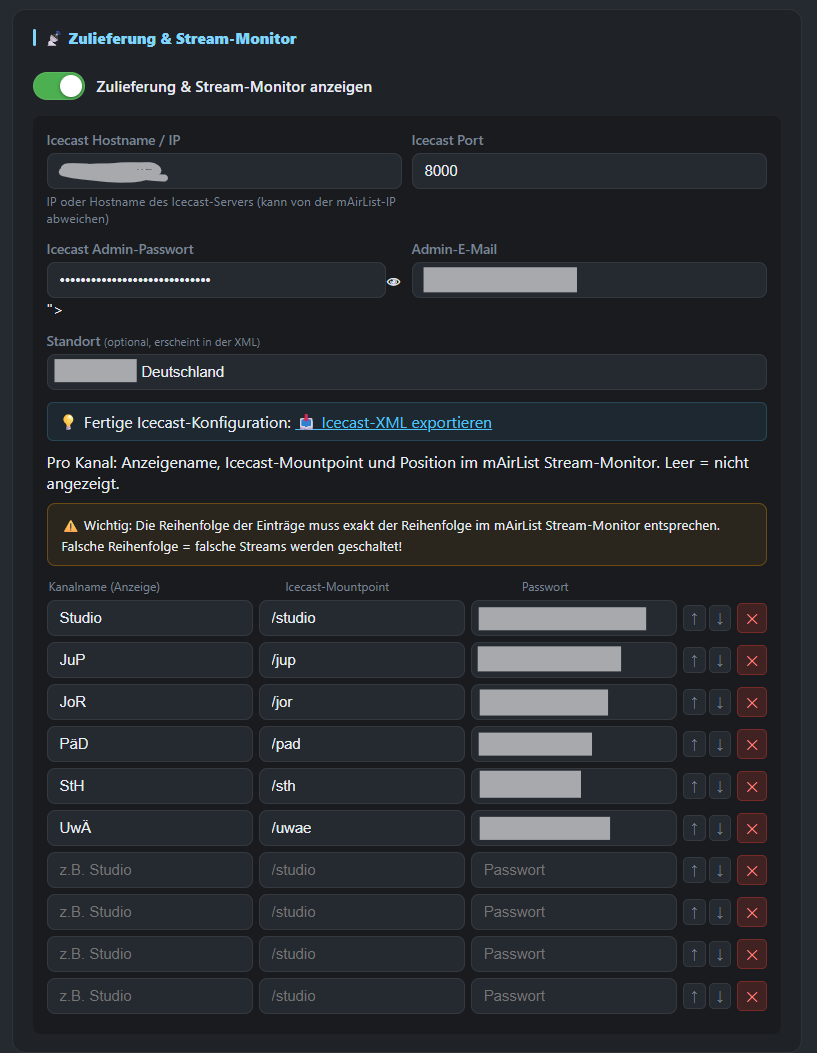 Formular für die Zulieferung im Stream-Monitor