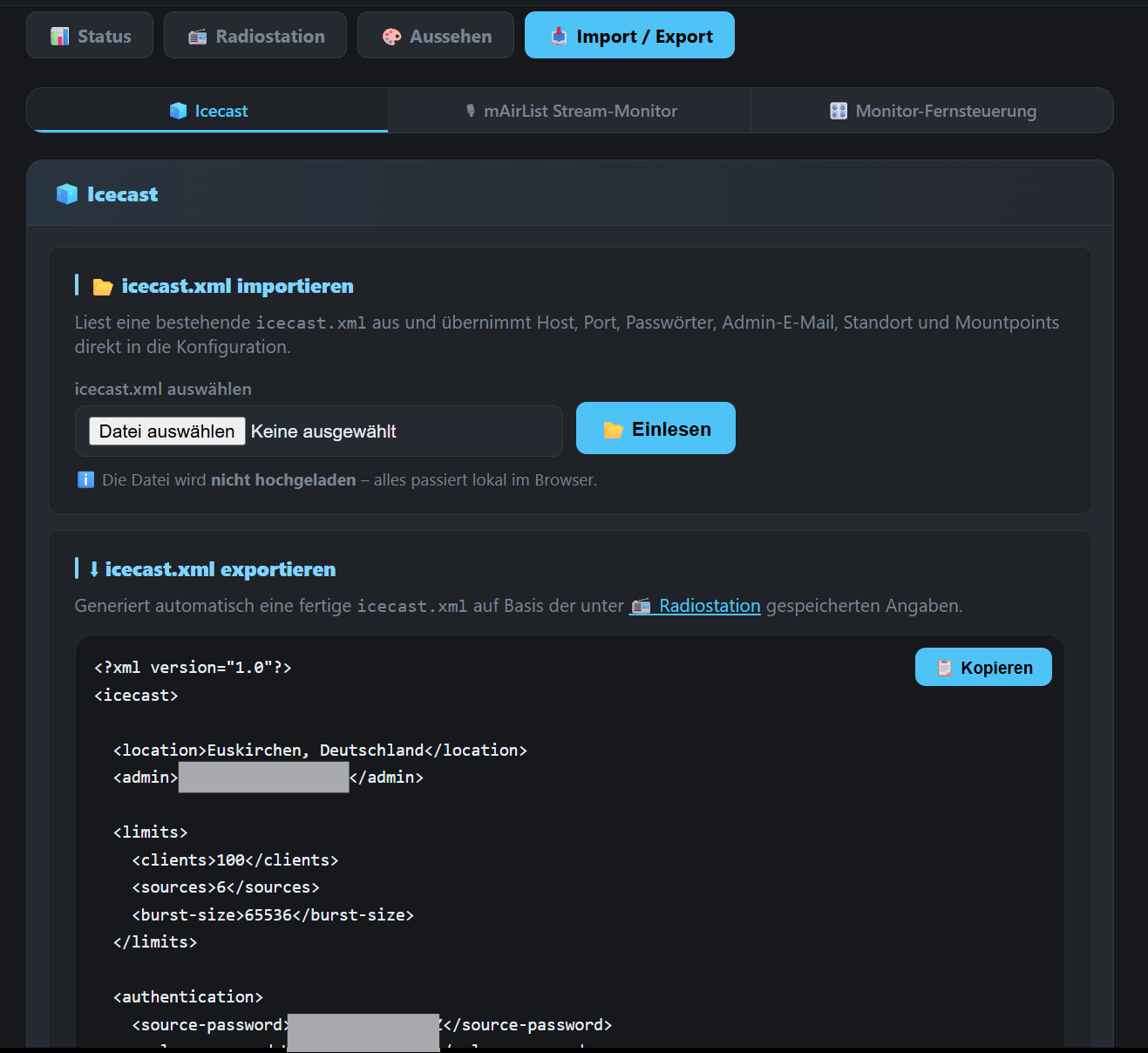 Icecast XML import/export