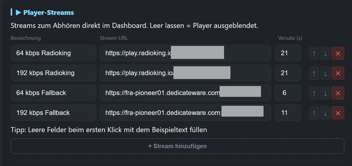 Configure player streams with adjustable offset