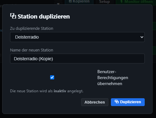 Popup zum Duplizieren einer Station
