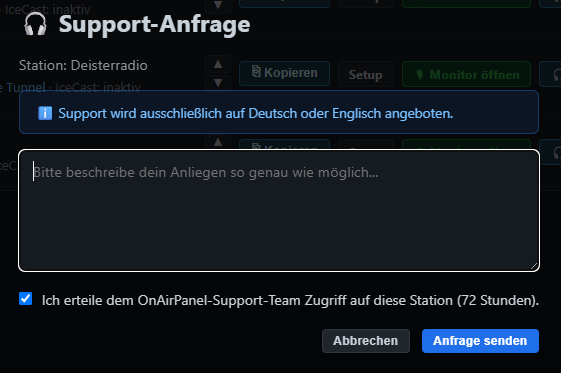 Popup für eine Support-Anfrage zu einer Station