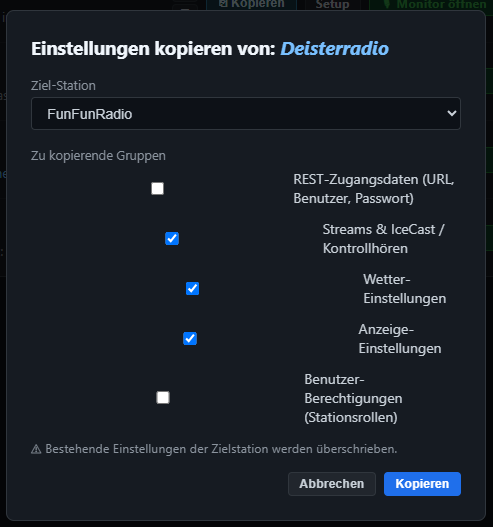 Popup zum Kopieren einzelner Einstellungen