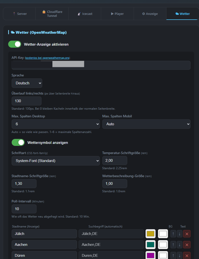 Eingabe des OpenWeatherMap-API-Keys und der maximalen Spaltenanzahl